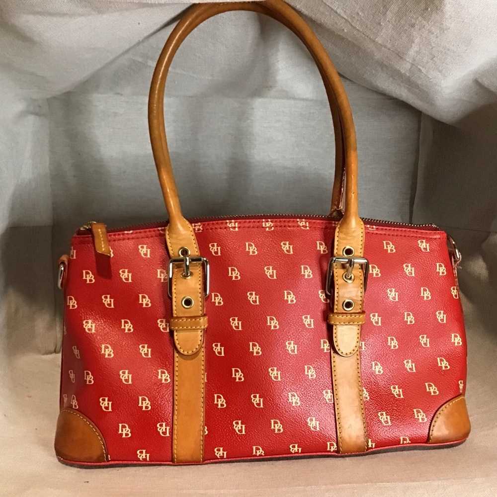 Dooney & Bourke| Like New| Red Monogrammed Satchel Handbag| Size: 14”x6.5x5